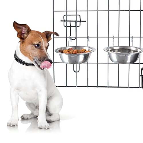 Set of 2 Stainless-Steel Dog Bowls - Cage,Kennel,and Crate Hanging Pet Bowls for Food and Water - 20oz Each and Dishwasher Safe,Silver