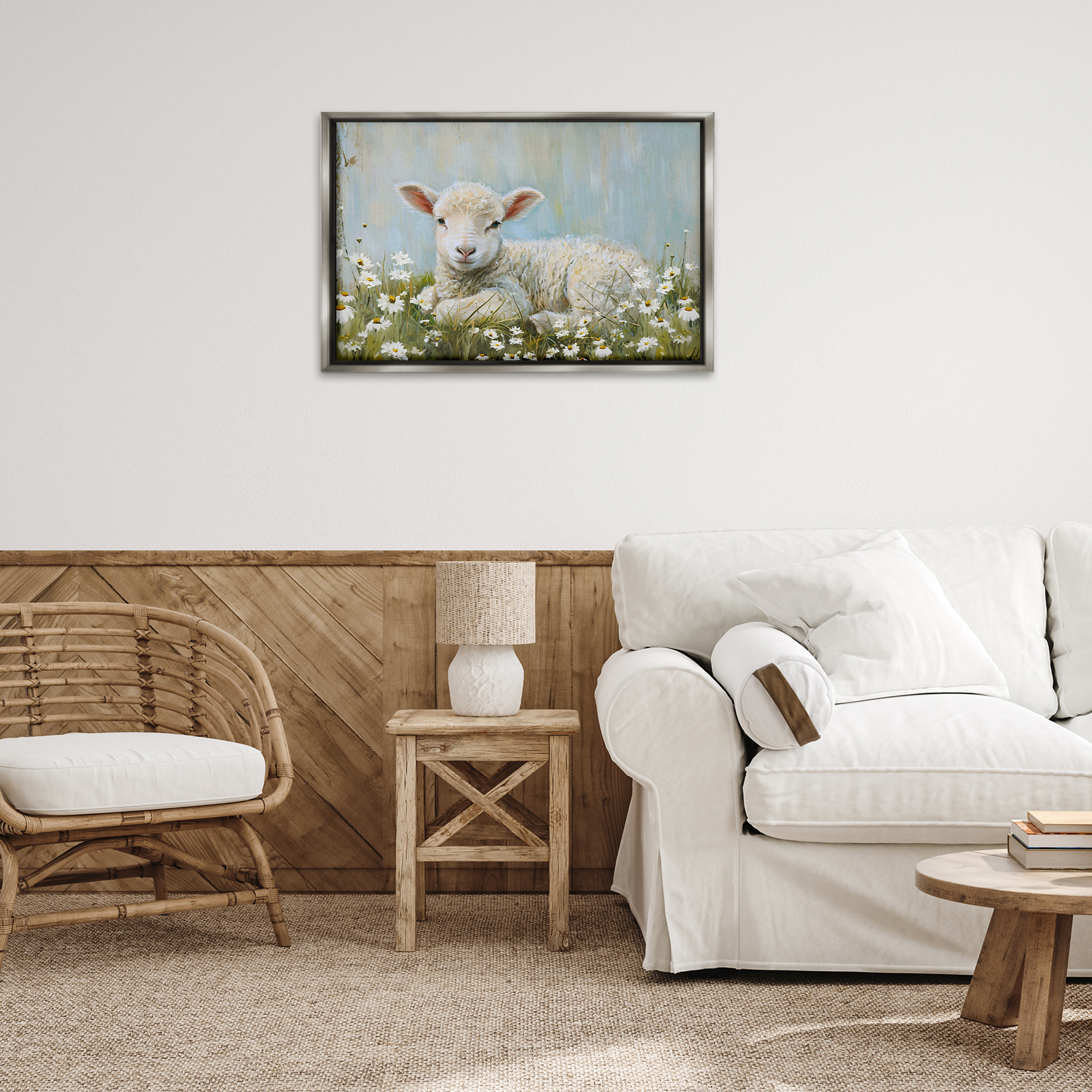 Stupell Industries Lamb Resting in Meadow Animals & Insects Painting Gray Floater Framed Canvas Art Print Wall Art, 31 x 21