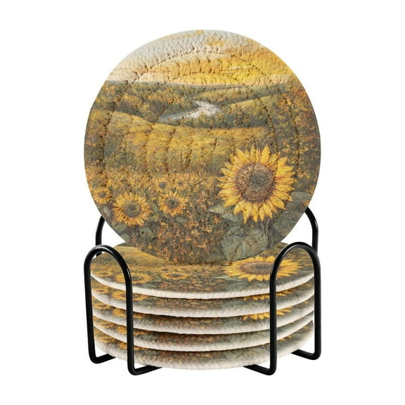 WOBOGO Oil Painting Of Sunflower Coil Coasters Set of 6 Minimalist Cotton Woven 3.94 inch Non-Slip Insulated and Absorbent Home Accessories.