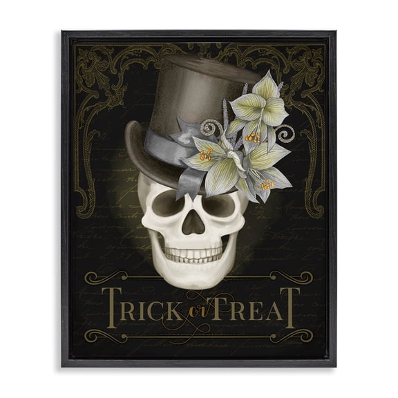 Stupell Industries Farmhouse Trick Or Treat Skeleton Skull Black Floating Frame Canvas Art, 17 x 21, by Nicole Tamarin