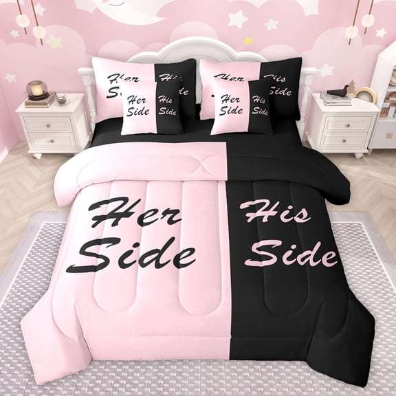 Homewish Romantic Valentine Twin Bedding Sets 7-Piece for Couple, Black Pink Splicing Bedding Comforter Set, Modern Simple Theme Reversible Sheet Sets, Microfiber Bedroom Decor