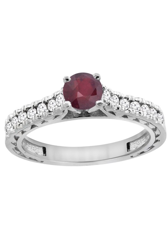 14K White Gold Natural Enhanced Ruby Round 5mm Engraved Engagement Ring Diamond Accents, size 10