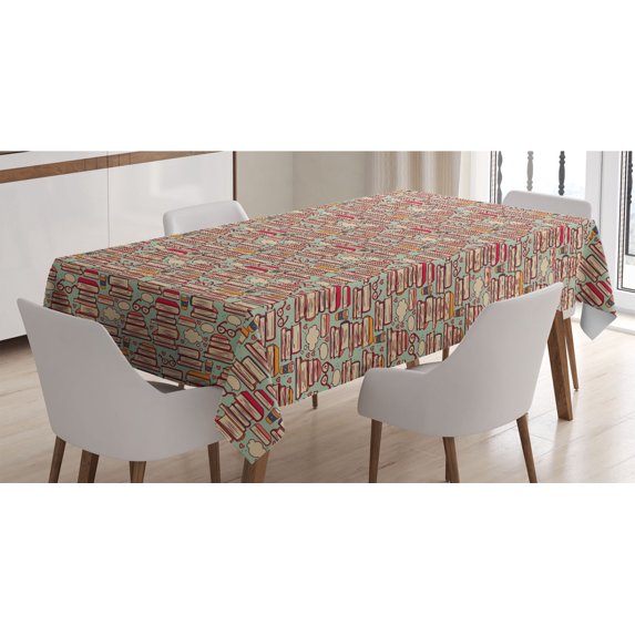 Cartoon Tablecloth, Stack of Books with Coffee Cups and Eyeglasses Retro Nerdy, Rectangle Satin Table Cover Accent for Dining Room and Kitchen, 60" X 90", Pink Sage Green, by Ambesonne