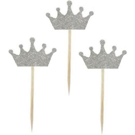 10pcs Silver Glitter Crown Cupcake Toppers for Birthday Party Baby Shower Decoration