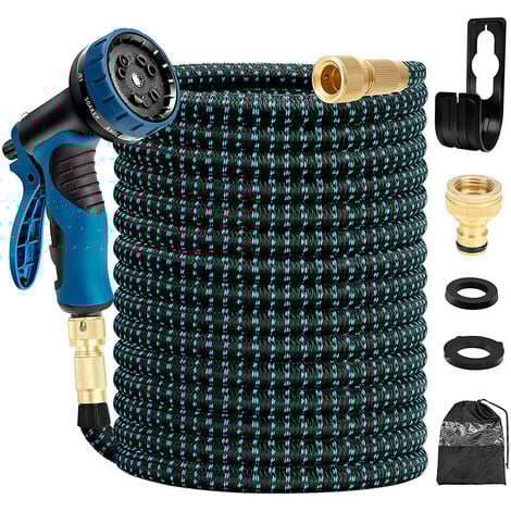30m Blue Expandable Garden Hose 100ft Retractable Garden Hose with Holder and Watering Gun 9 Functions Brass Fittings
