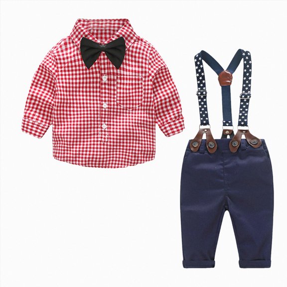 Splozh Toddler Boy Suit 3 6 9 12 18 24 Months Baby Boy Gentleman Long Sleeve Bow Tie Shirt Suspender Pants 2Pcs Clothes Set,Red,3-6 Months