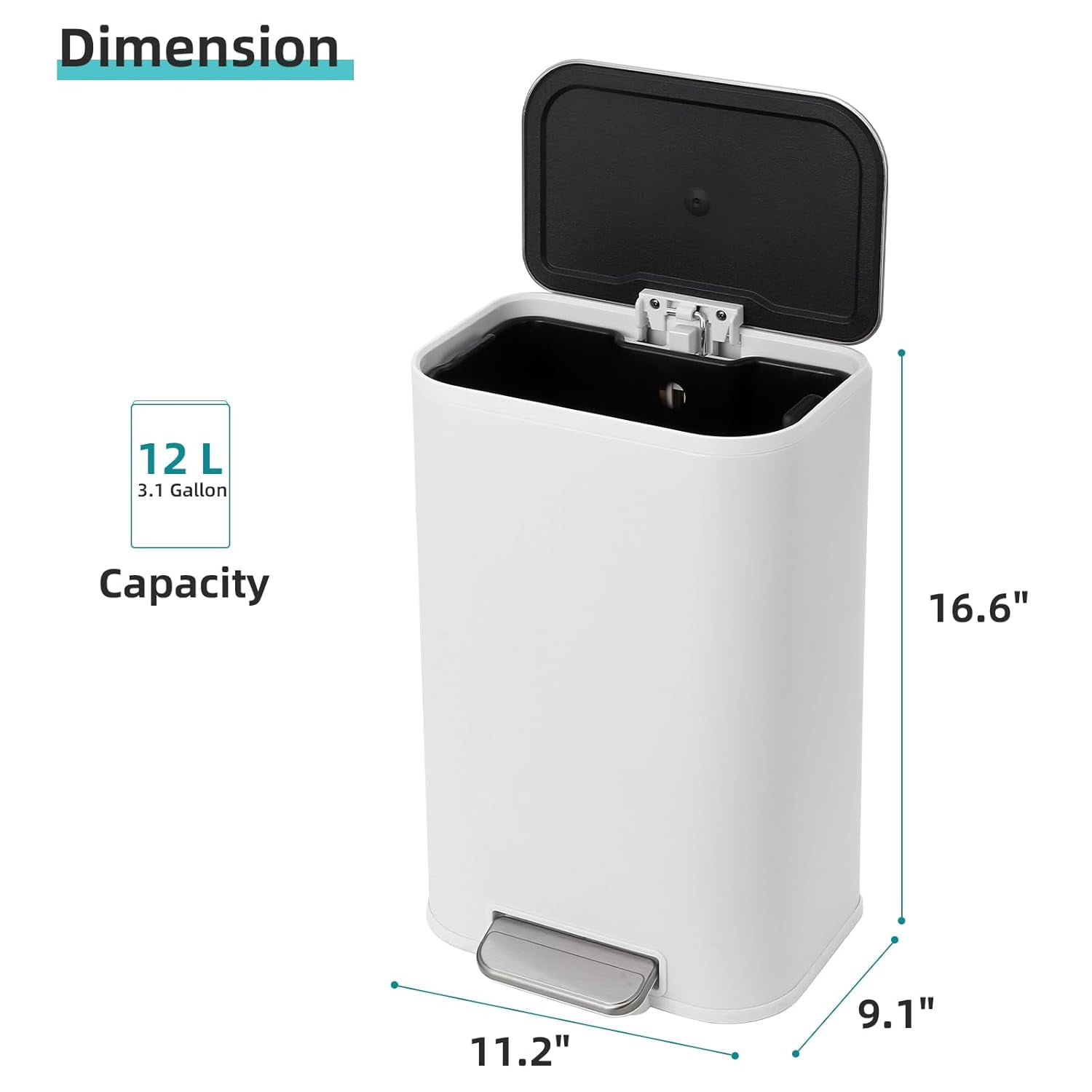 3.2 Gallon Bathroom Trash Can with Lid, Stainless Steel Foot Pedal Step Waste Bin, Removable Inner Bucket, Rectangular Small Garbage Can for Kitchen, Living Room, White
