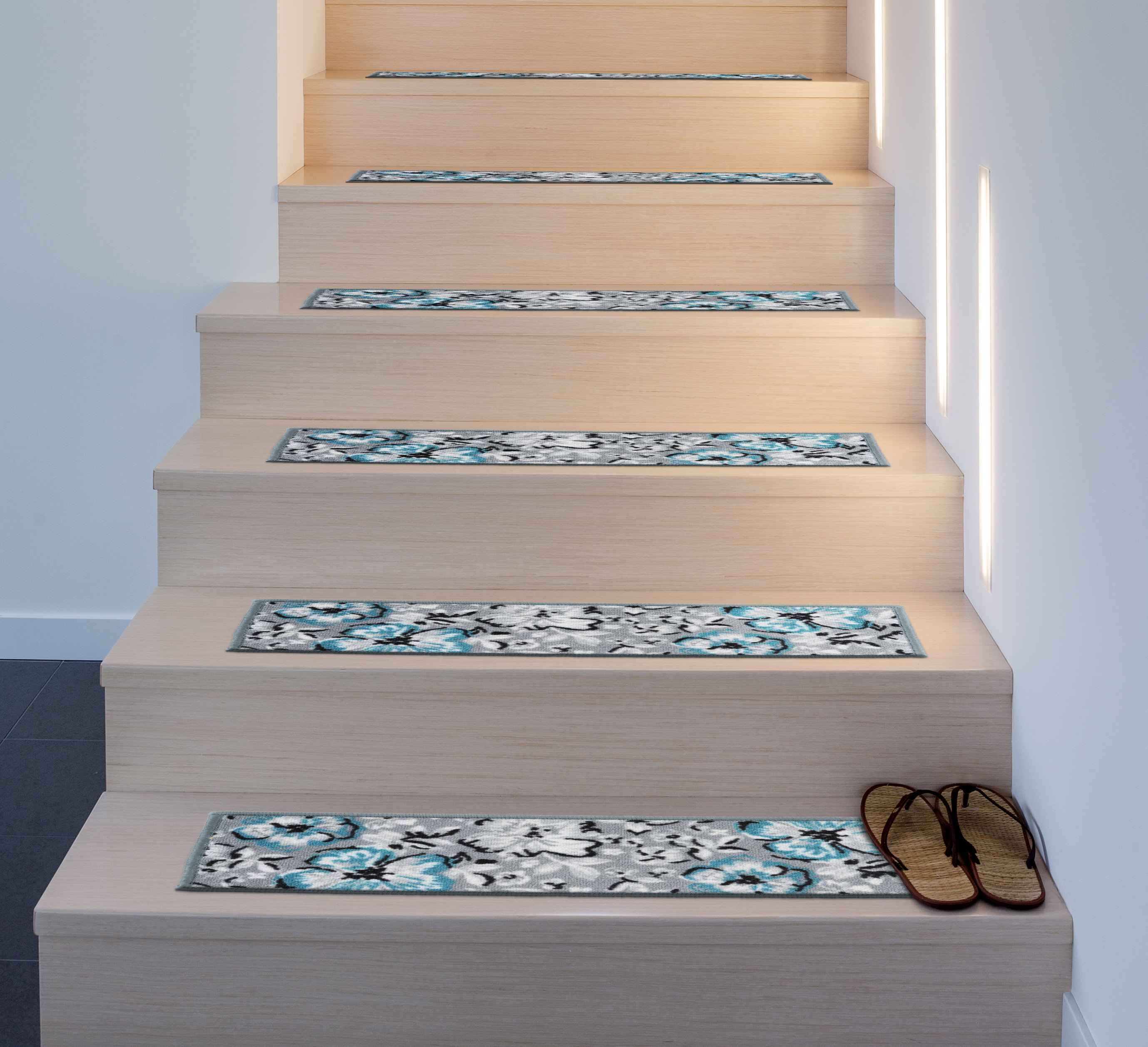 Modern Floral NonSlip Stair Treads (Set of 13) 8.6" x 26" Blue