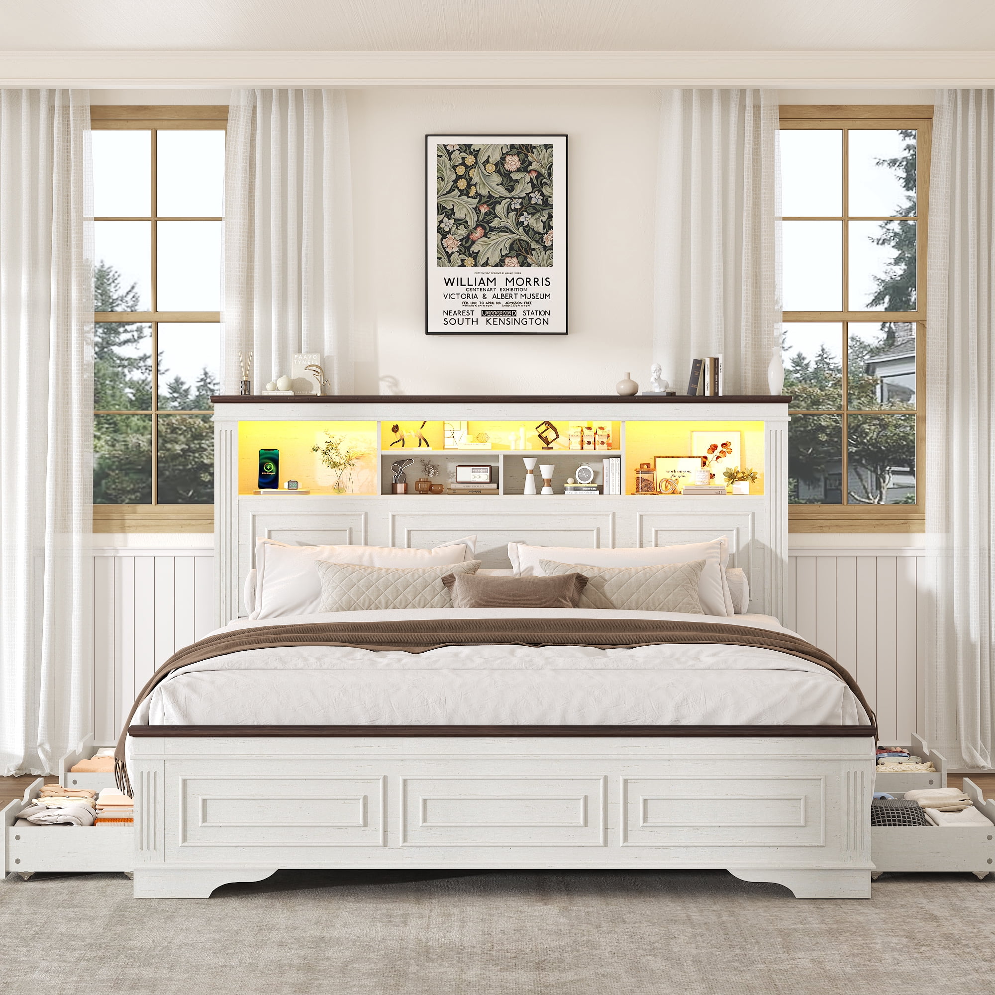 ANPOO Farmhouse King Size Bed Frame with 51" Tall Headboard & 4 Drawers, King Bed Frame and Headboard with LED Lights & Charging Ports, No Box Spring Needed, Wooden, Antique White