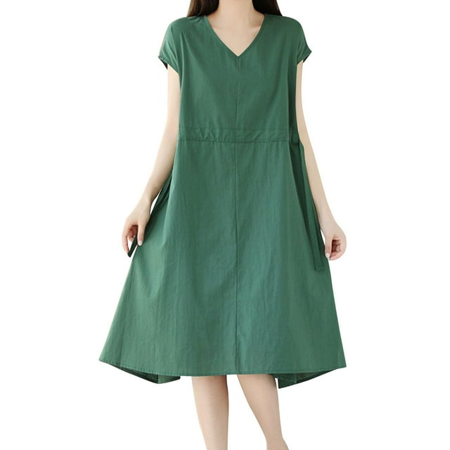 hoksml Robe Ample en Coton et Lin pour Femmes Couleur Unie Col en V Manches Courtes Robes de Plage Été Ligne A Robe d'Été 2025 en Liquidation