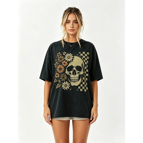 Women's Oversized Black T-Shirt with Skull and Floral Graphic, Loose Fit Vintage Streetwear Tee Top