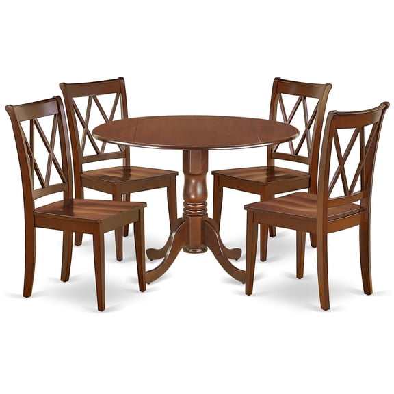 Ergode DLCL5-MAH-W, 5 Piece Kitchen Table Set, Mahogany Finish, Round Dining Table, Drop Leaf, 4 Wood Seat Chairs, 42x42 Inch