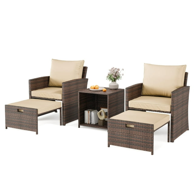 Yeshouse juego de patio 5 piezas: 2 sillones, 2 otomanas y mesa de centro de vidrio, ratán PE resistente, cojines gruesos, ideal para jardín o exterior