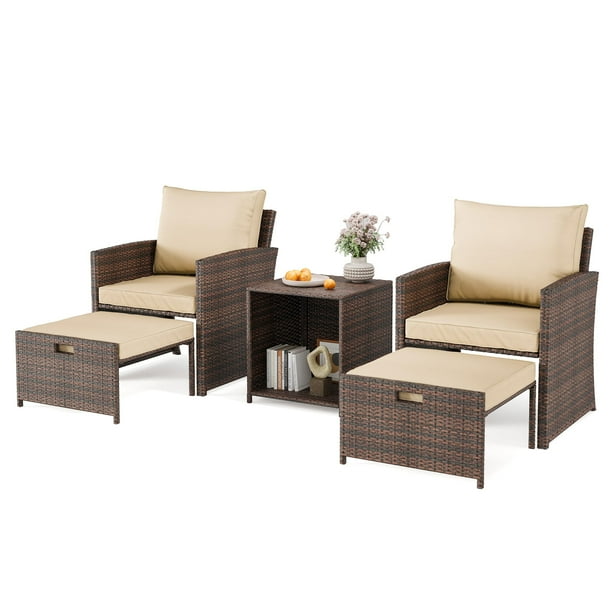 Yeshouse juego de patio 5 piezas: 2 sillones, 2 otomanas y mesa de centro de vidrio, ratán PE resistente, cojines gruesos, ideal para jardín o exterior