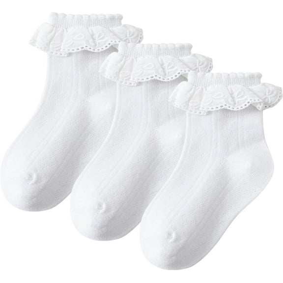 3 Pairs Girls Ruffle Socks White Fancy Ruffled Lace Dress Socks for Girls Daily Wear