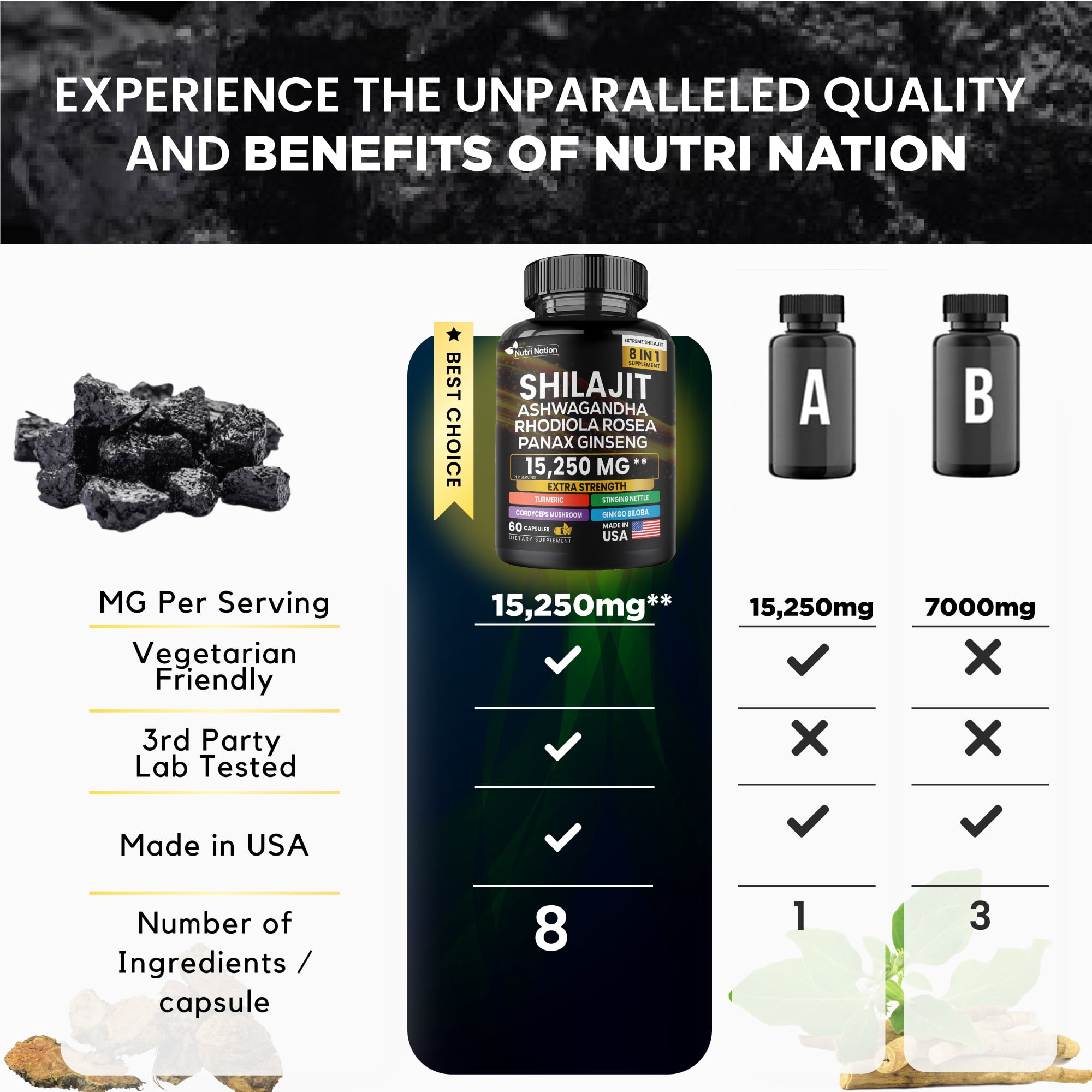 Nutri Nation Shilajit Supplement with Ashwagandha, Rhodiola Rosea, Panax Ginseng, 60 Capsules