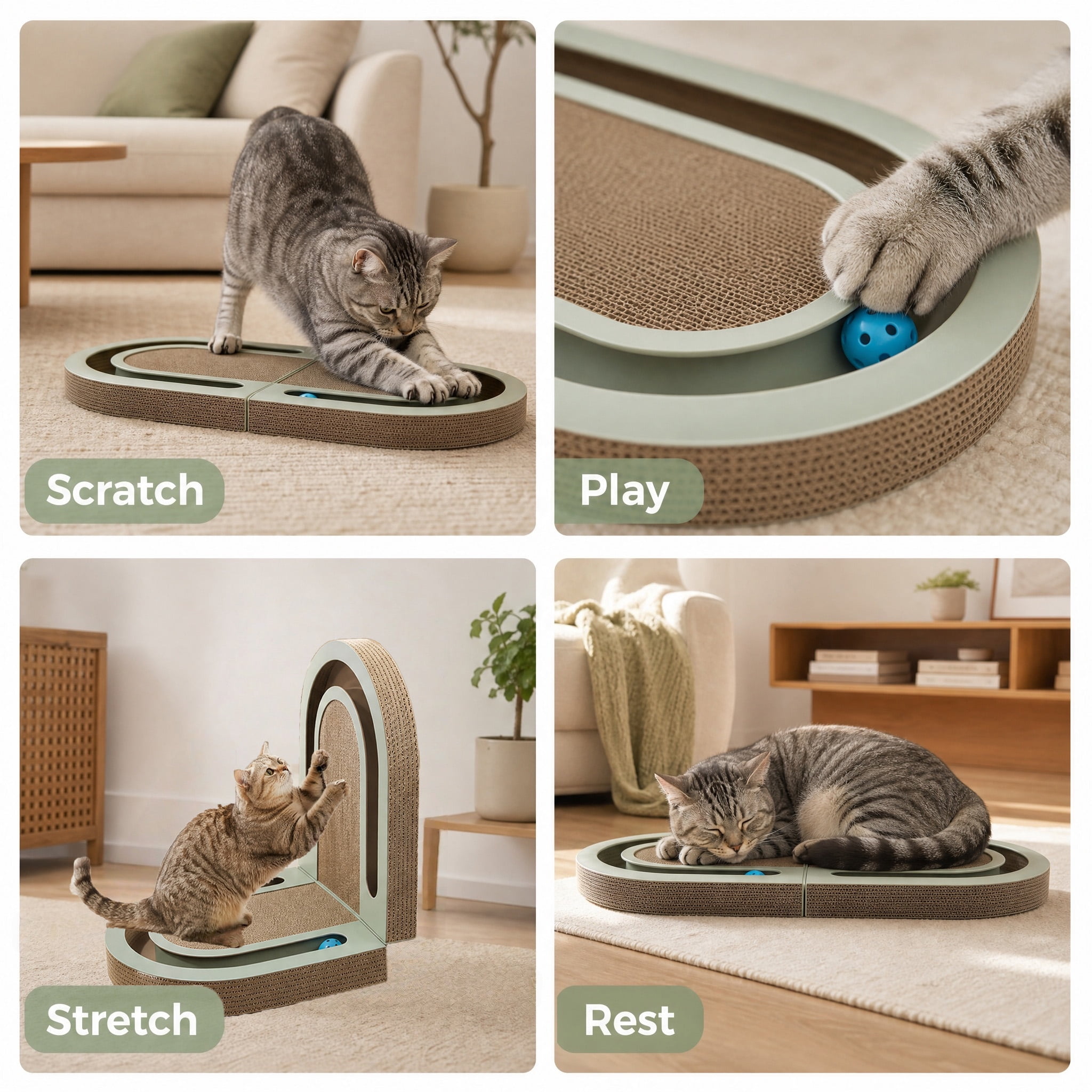 Cat Scratcher Cardboard Ball Track Toys, Interactive Toy Lounger House Scratching Lounge Bed Foldable Scratch Pad Nest for Kitty, Indoor Cats