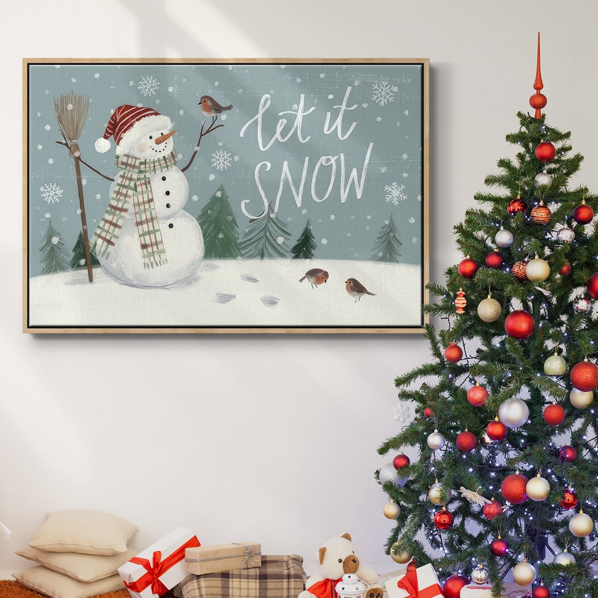 Jolly Snowman Collection A - Framed Gallery Wrapped Holiday Canvas - 27 x 41 - Natural Wood Frame