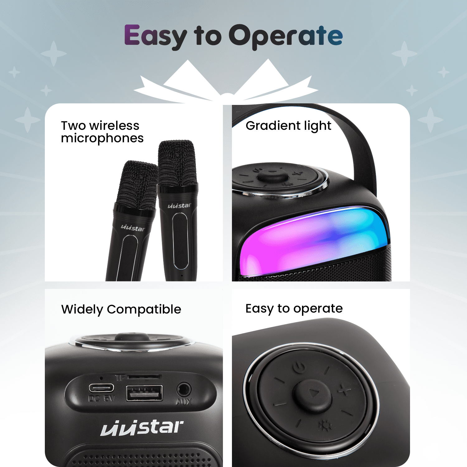 VIVISTAR Karaoke Machine for Kids Portable Bluetooth Speaker with 2 Wireless Microphones Mini Karaoke Speaker with LED Lights Birthday Gifts for Adults Girls Boys Family Home Party Outdoor (Black)