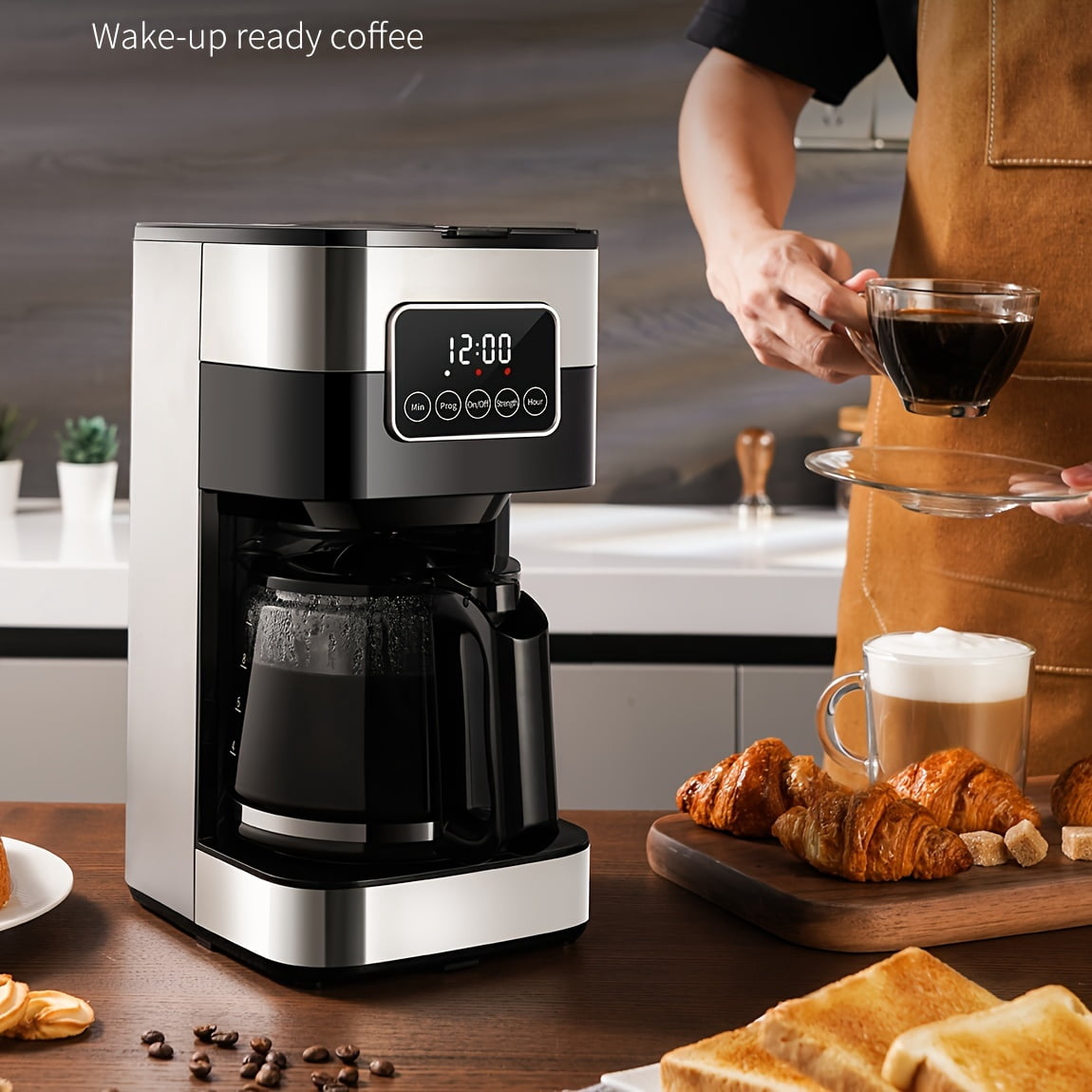 10-Cup Programmable Drip Coffee Maker with Touch-Screen, Pause & Serve, Stainless Steel, Black.