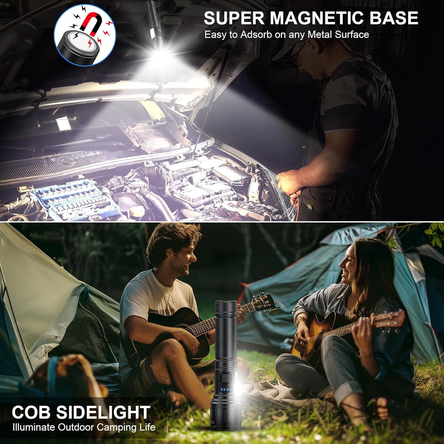Rechargeable Magnetic Flashlights,Super Bright LED Powerful Flashlight with COB Work Light,IPX5 Waterproof 8 Modes 2 Pack
