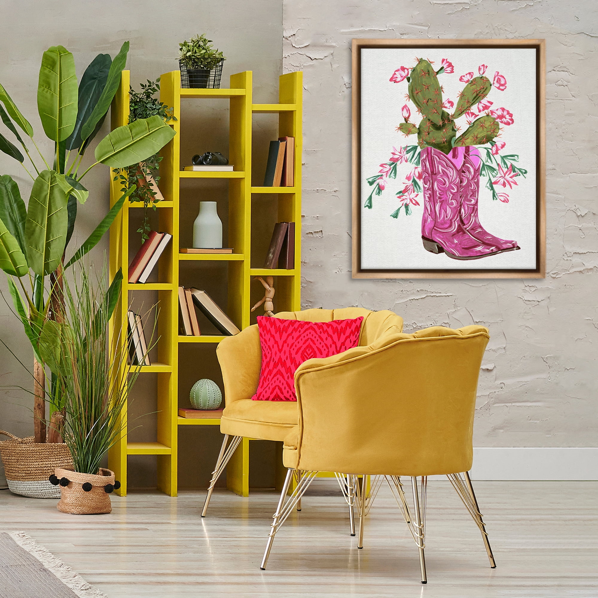 Stupell Industries Pink Accent Cactus & Boots Plants & Flowers Painting Brown Floater Framed Canvas Art Print Wall Art, 25 x 31