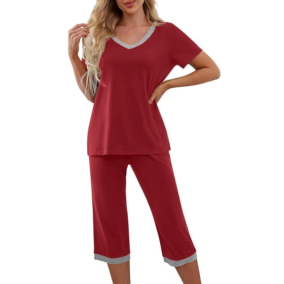 Blmnix Women's Sleepwear Sleepwear Sets Plus Size Pajamas Bamboo Pajamas Pajama Shorts V-Neck Red Short Sleeve 7/8th Soft Pajama Set for Women,XXXXXL