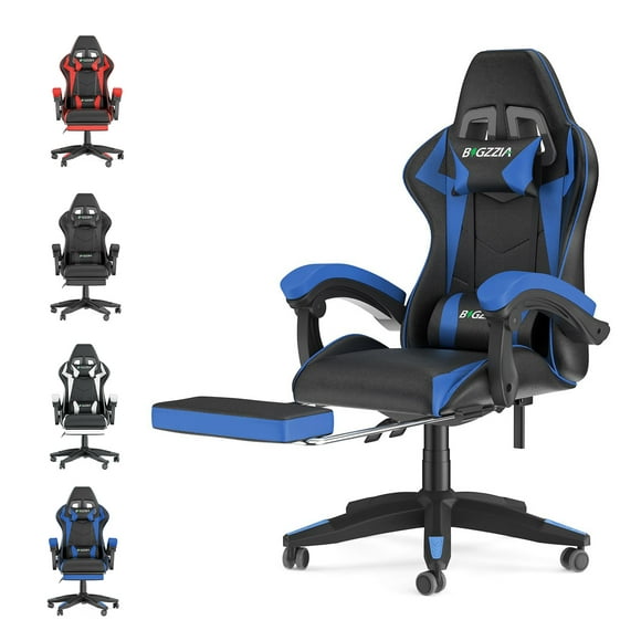 Bigzzia Gaming Chair with Footrest, Computer Chair with Lumbar Support Height Adjustable with 360°-Swivel Seat and Headrest for Office or Gaming(Blue)