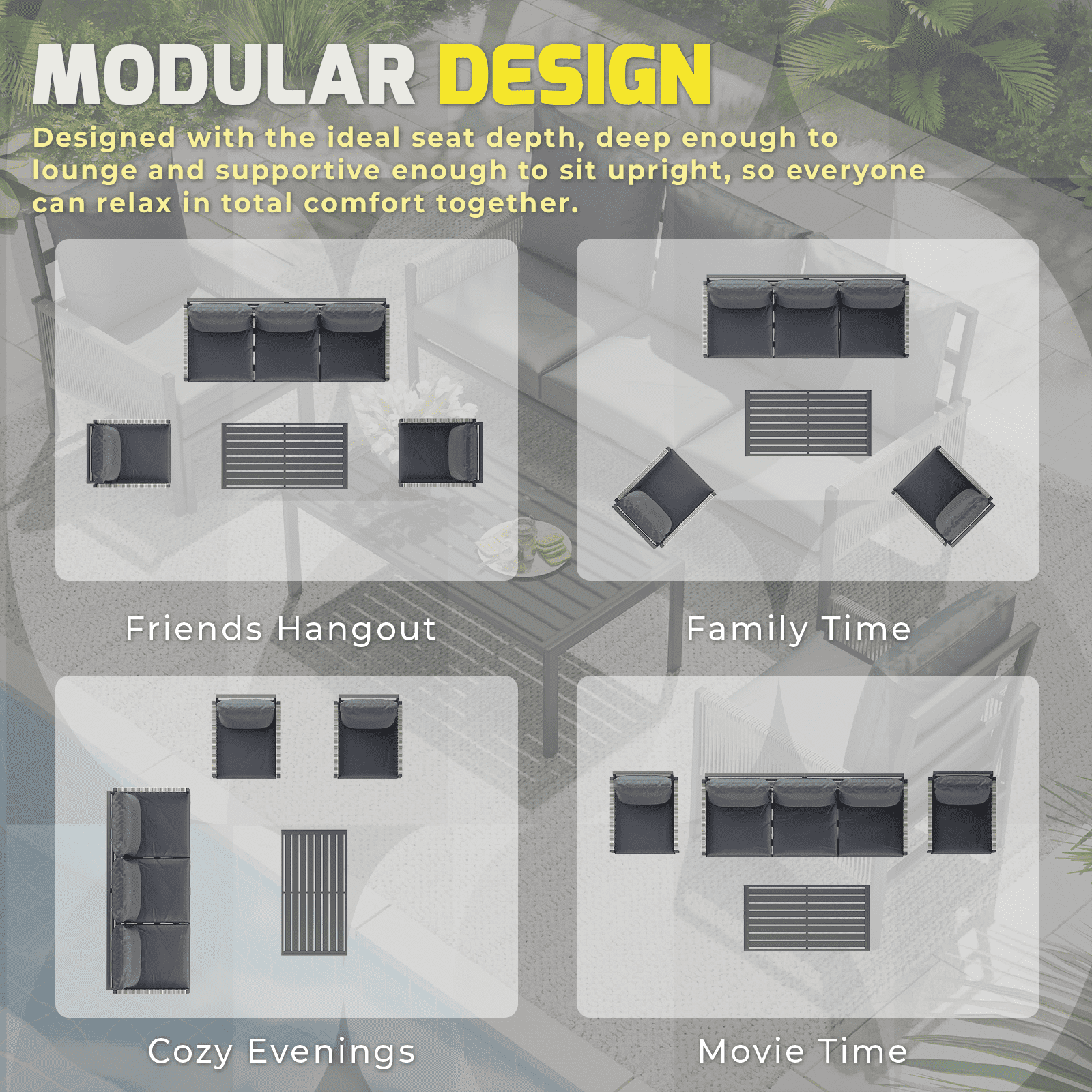YODOLLA 4-Piece Patio Furniture Sets with 2 Convertible Lounge Chairs, Modular Outdoor Furniture 5 Seater Outdoor Conversation Set with Foldable Recliners in Dark Gray