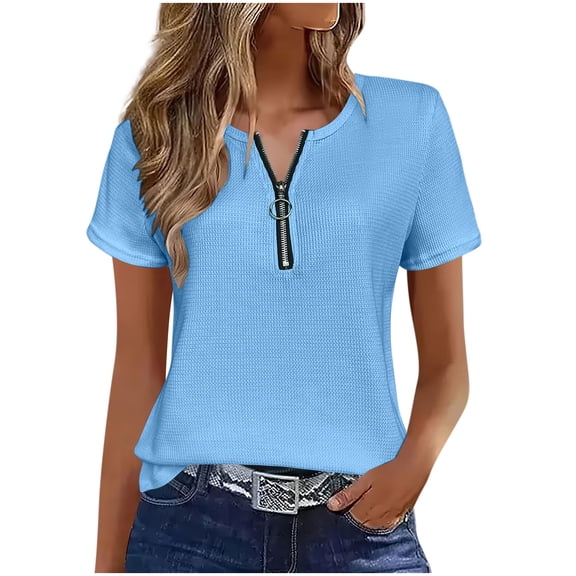 cocolona Womens Summer Trendy Tops V Neck Zipper Short Sleeve Shirts Dressy Casual Solid Color Blouses