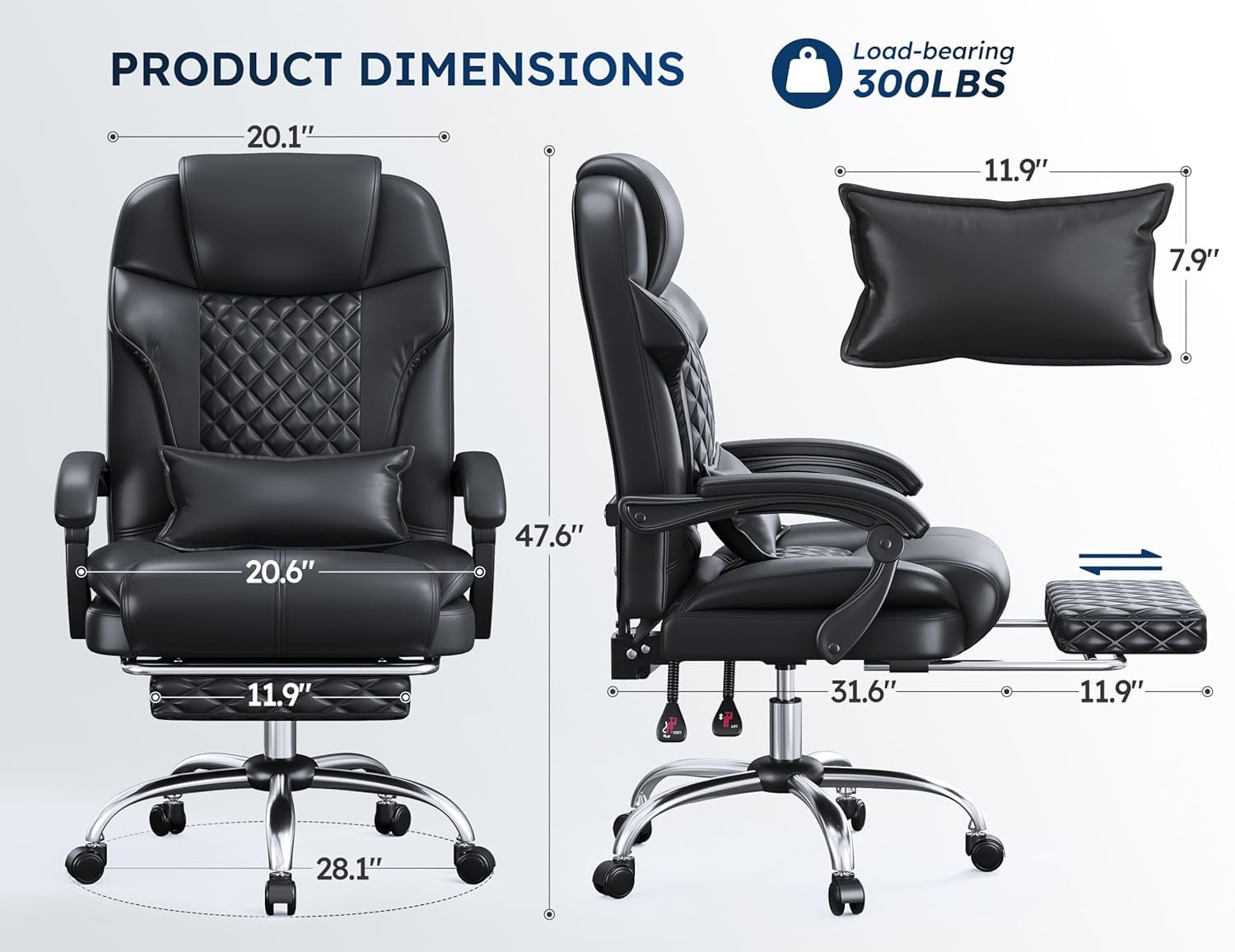 Office Chair with Retractable Footrest, Ergonomic High Back Design Executive Computer Desk Chair with Removable Lumbar Pillow,90-145°Reclining Thick Bonded Leather for Home Office Work,Black