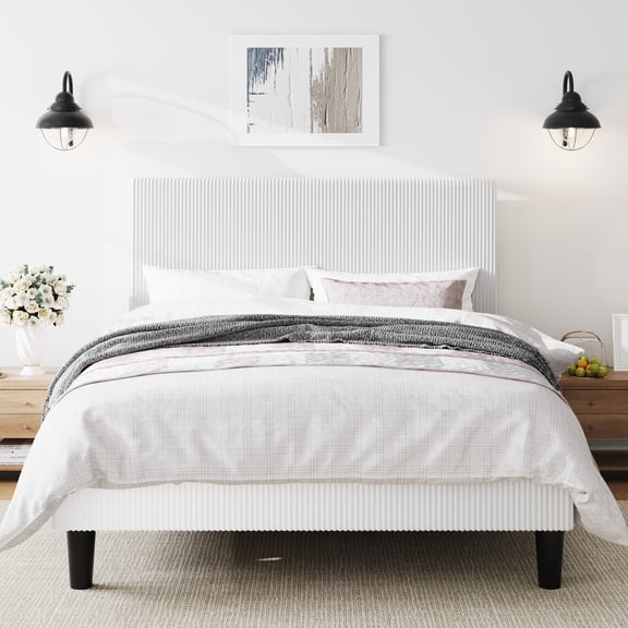 Amolife Queen Size Platform Bed Frame with Corduroy Fabric Upholstered Adjustable Height Headboard, Off-White