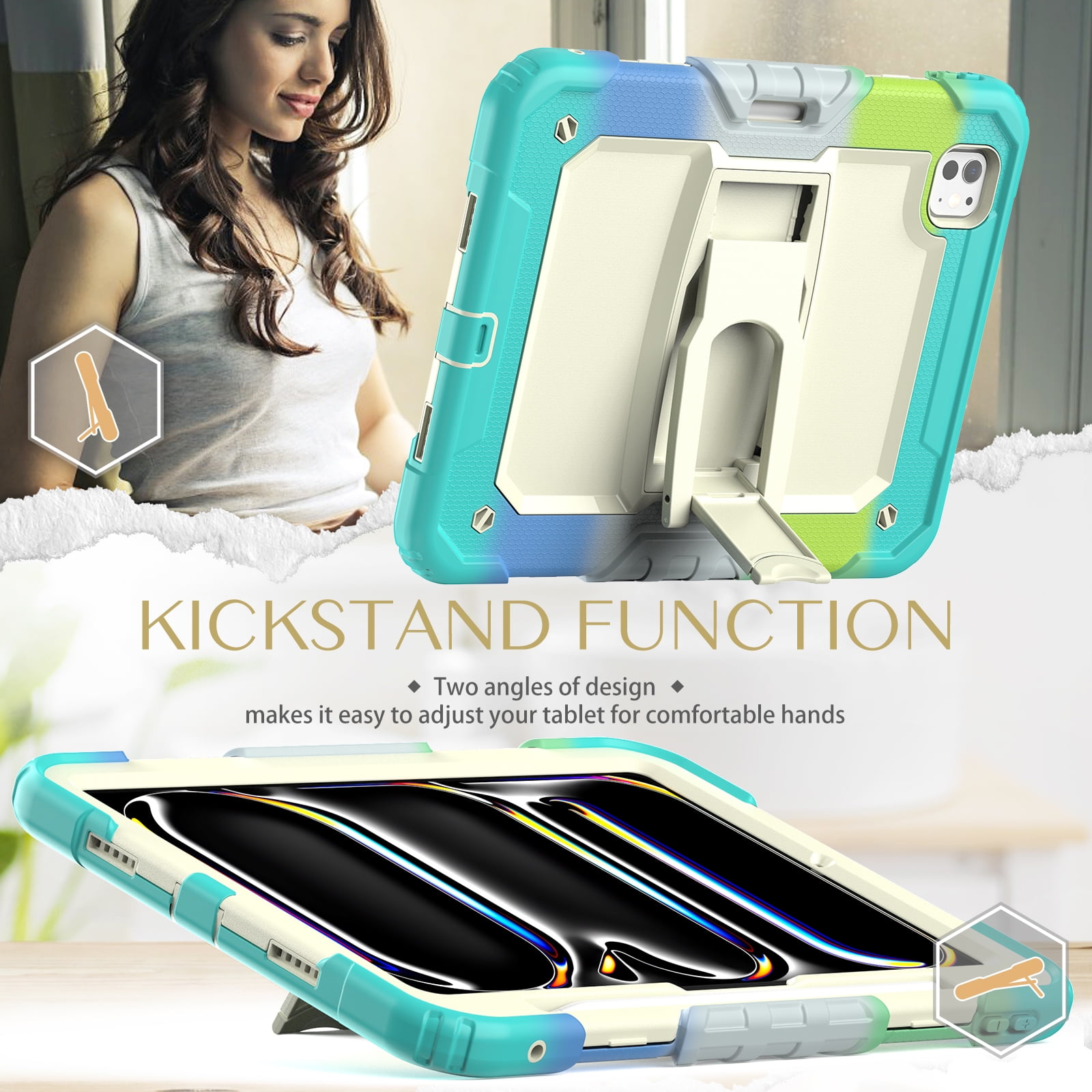 Rugged Case For Apple iPad Pro 11 (2024) – 3-Layer Protection Shockproof Stand Cover with Screen Protector, Adjustable Stand, Shoulder Strap, & Pencil Holder -- Colorful Blue