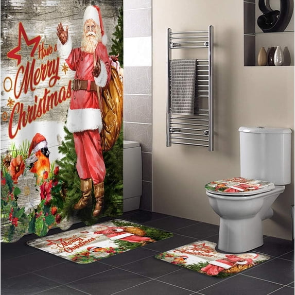 FMSHPON Merry Christmas 4 Piece Bathroom Set Shower Curtain Bath Rug Contour Mat and Toilet Lid Cover