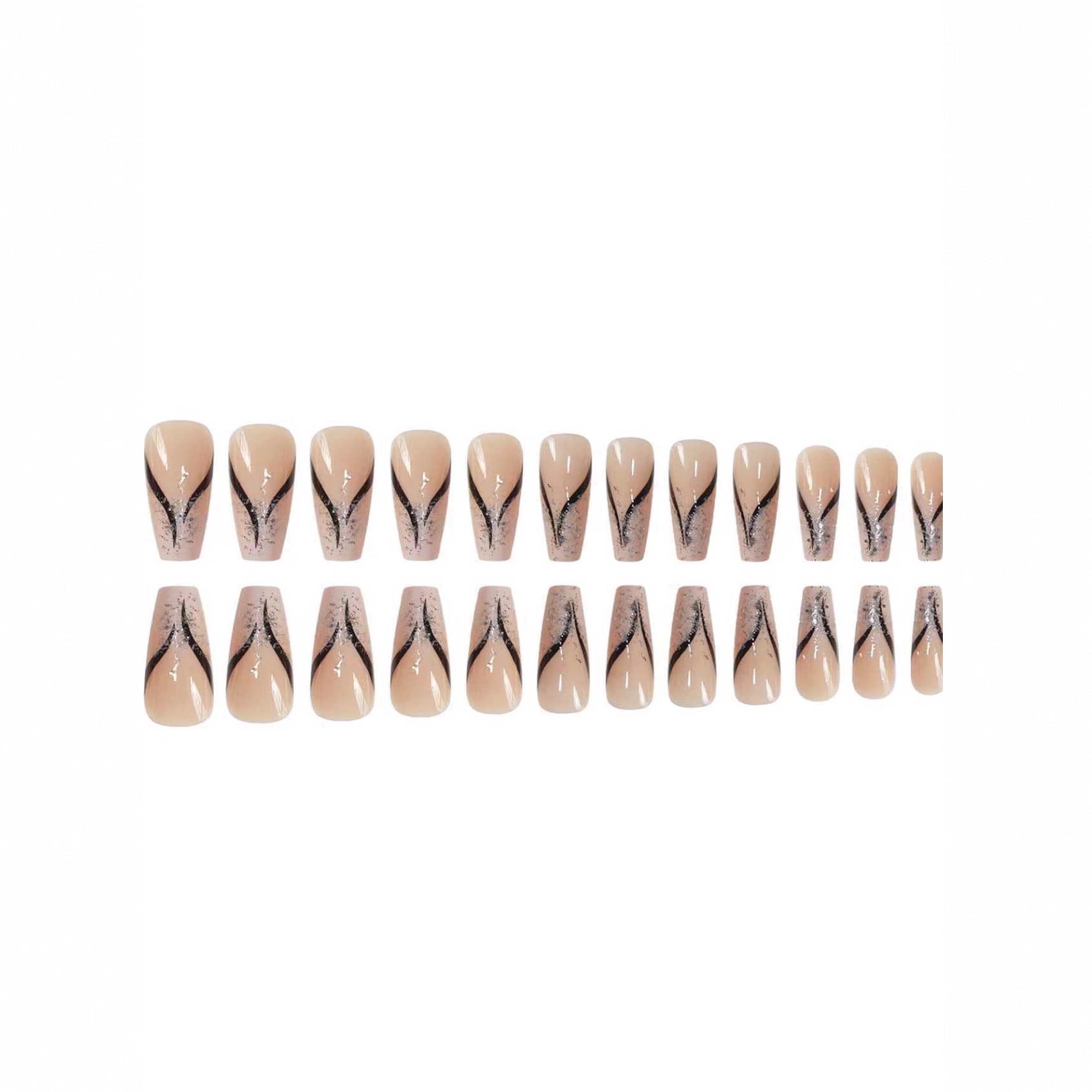Cross-border hot sale ballet fake nails simple black striped design glitter embellishment wearing nail finished product wholesale