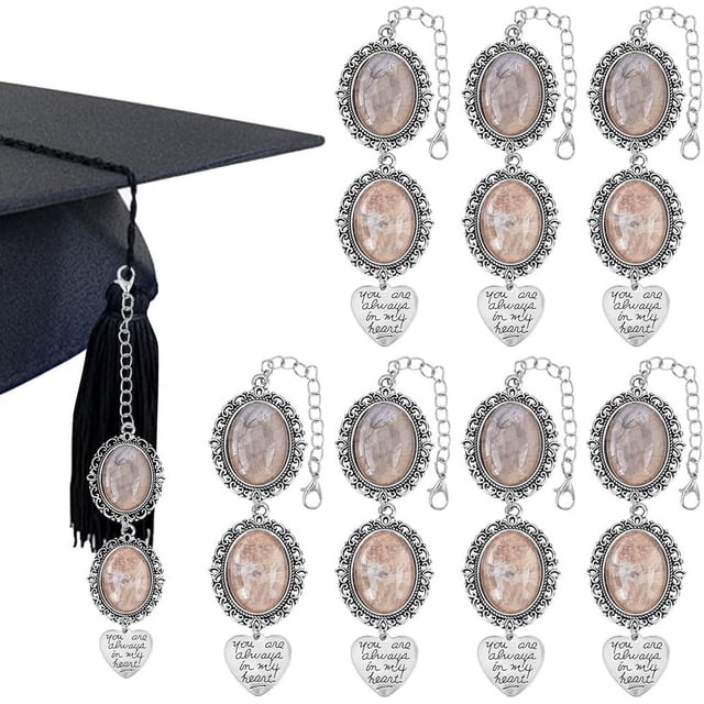1 caja de 8 juegos de dijes con foto de graduación, dijes para birretes de graduación 2024, dijes con foto conmemorativa personalizada, dijes de borlas de graduados plateados