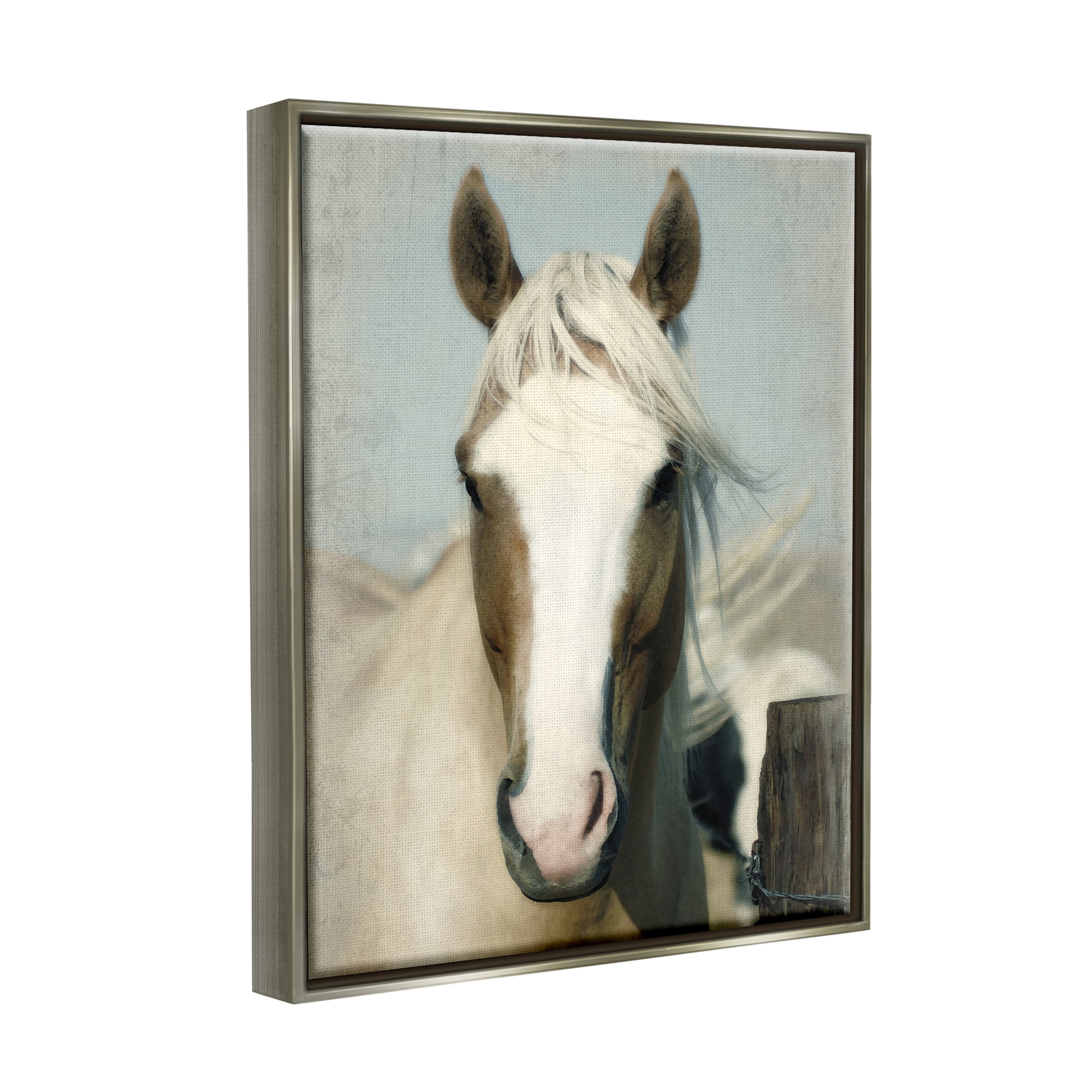 Stupell Industries Horse at Rustic Fence Animals & Insects Painting Gray Floater Framed Canvas Art Print Wall Art, 25 x 31