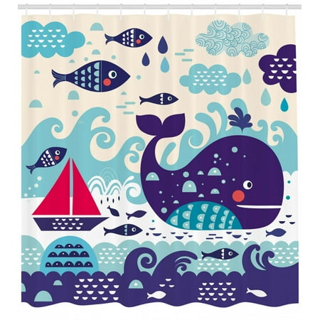 Purple Shower Curtain Marine Traffic With Whale Sailboat And Fish