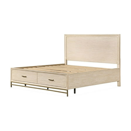 Rozie Queen Bed, Footboard Storage Drawers, Light Oak Brown Solid Wood