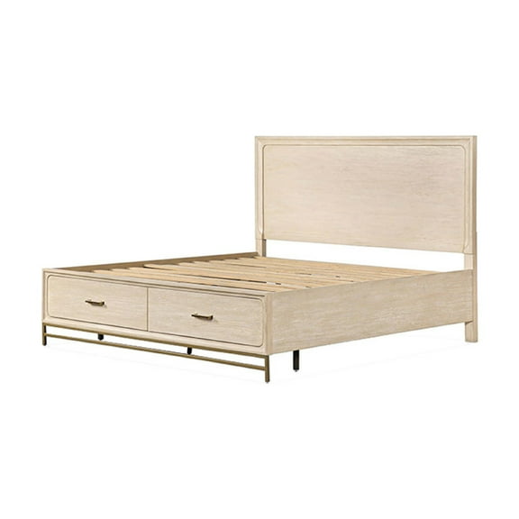 Rozie Queen Bed, Footboard Storage Drawers, Light Oak Brown Solid Wood