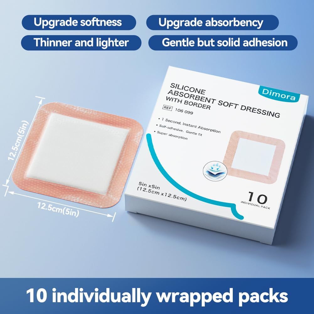 Dimora Super Absorbent Wound Dressing, Gentle Adhesive Bandages, Self-Adhesive Bandages with Ultrasorb Polymer, Heavy Exudate Wound Pad, 5"X 5" 10 Packs