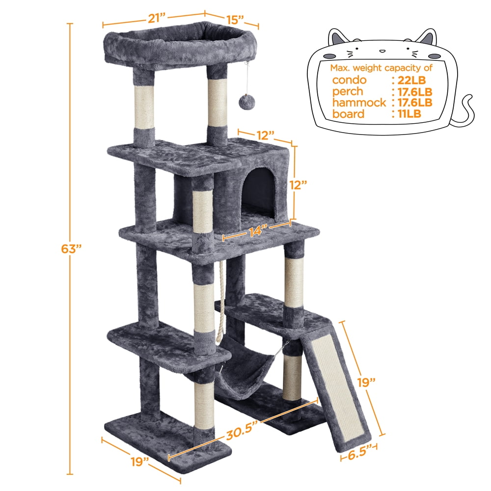Alden Design 63" H Cat Tree Tower with Hammock and Scratching Posts, Dark Gray