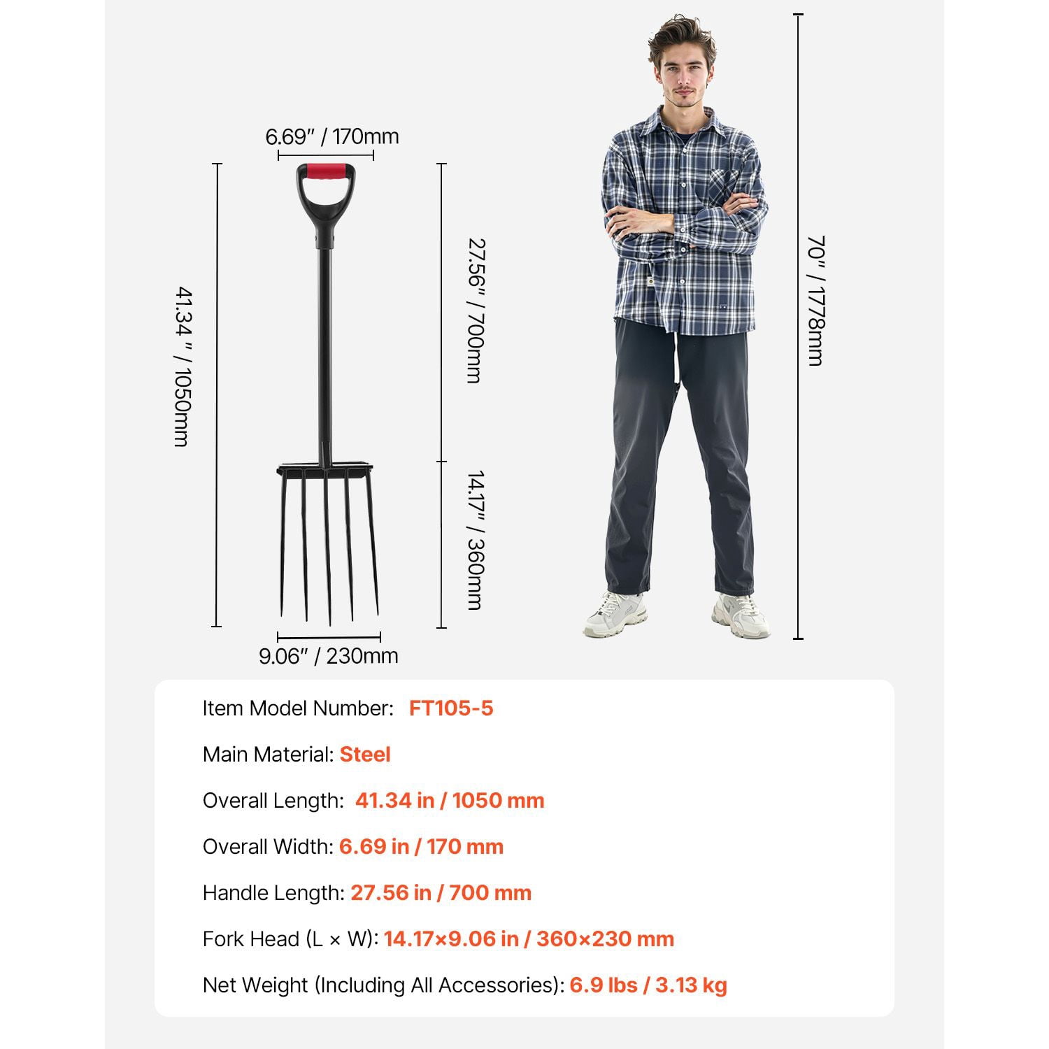 5-Tine Steel Garden Fork, 41 Inch Y-Grip Handle Spading Pitchfork for Farming & Gardening