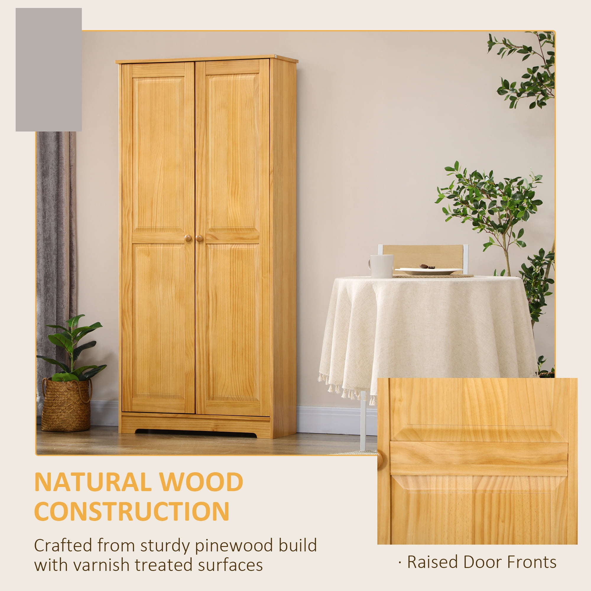 HOMCOM 67" Pinewood Kitchen Pantry Storage Cabinet, Freestanding Cabinets with Doors and Shelf Adjustability, Soft-Close Mechanism, Brown