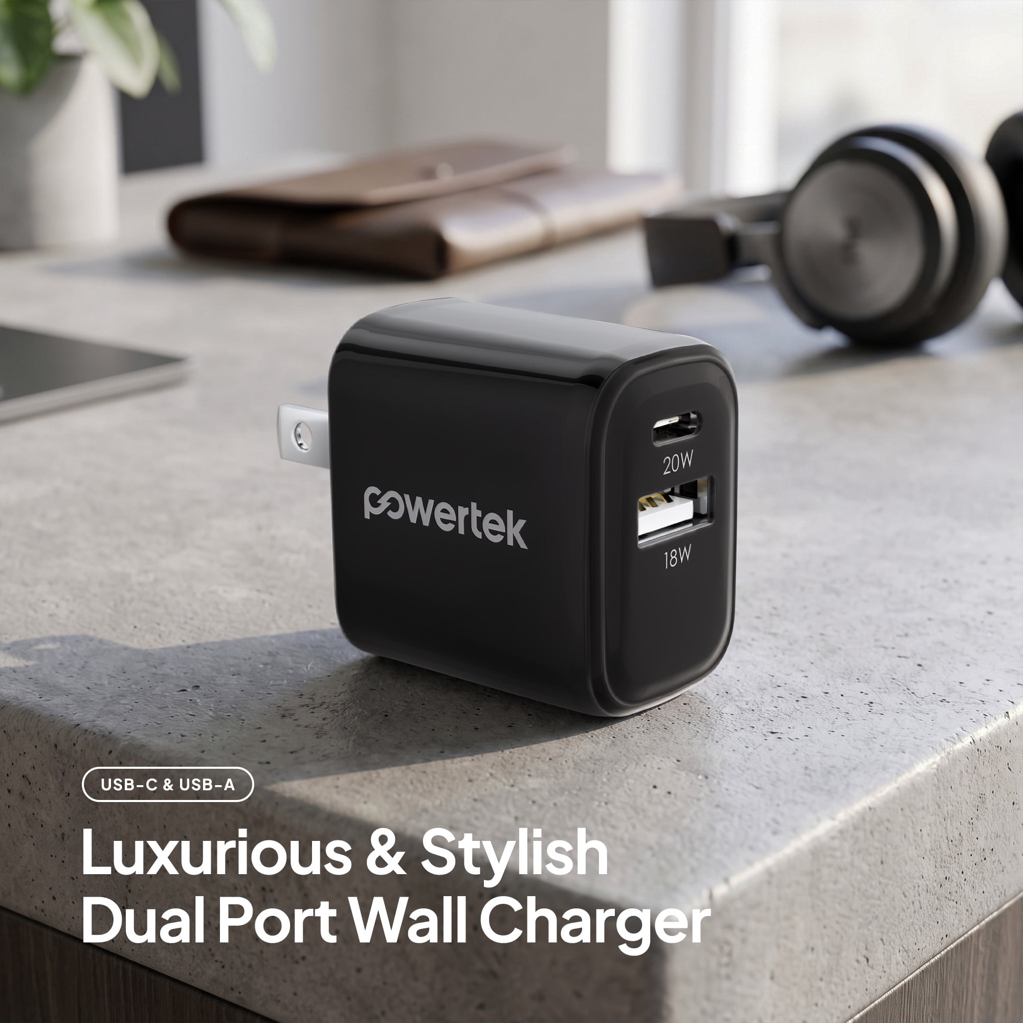 Powertek Luxe 20W USB-C + 18W USB-A Fast Charging Dual Port Block, Black, Compatible with iPhone, Android, Tablets & USB Devices, Compact Travel Adapter