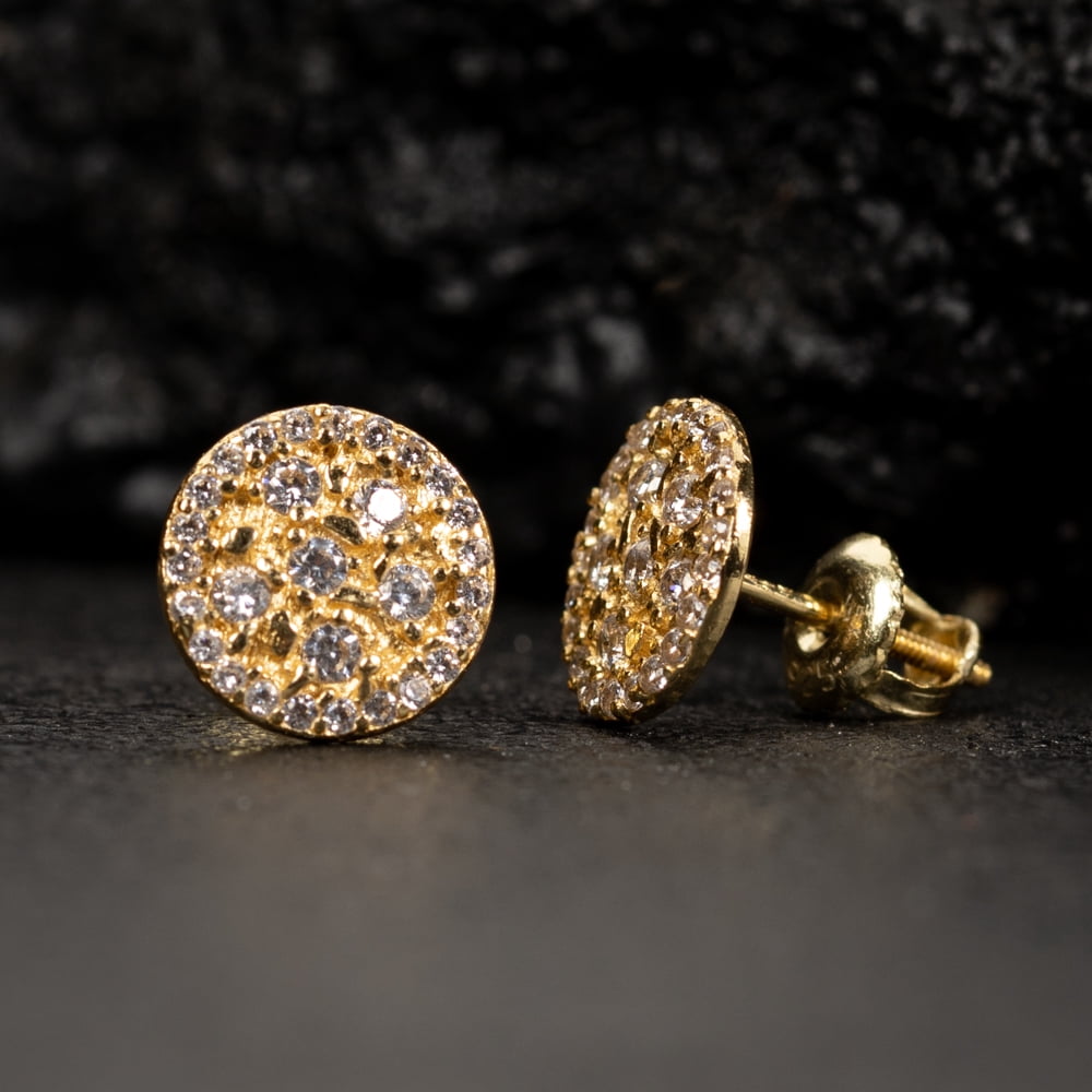 Men’s Round 14K Yellow Gold Plated 925 Sterling Silver Screw Back Post Circle Retro 90's Cz Hip Hop Solid Gold Nugget Stud Earrings