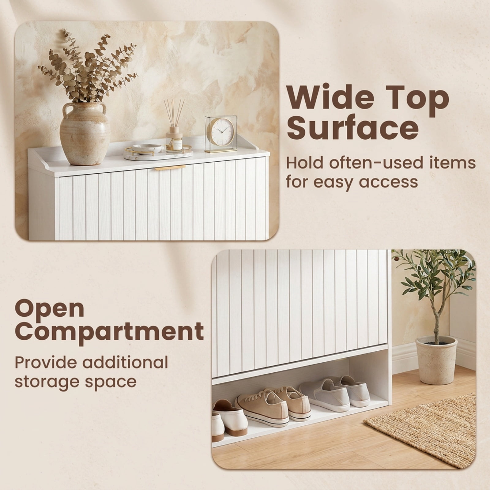 Furnibear Fluted Hidden Shoe Cabinet with 2 Flip Drawers and Open Storage for Entryway Hallway and Foyer Narrow Shoe Storage Organizer, White