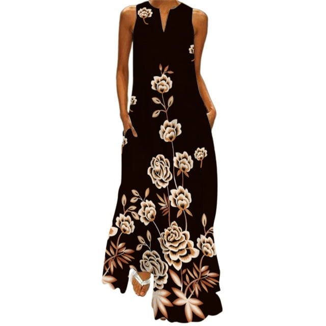 Bellella Robe Longue Maxi pour Femmes, Robe Débardeur à Col en V, Imprimé Floral, Robe d'Été de Plage, Ample, Sans Manches, Style de Fête, K 3TG