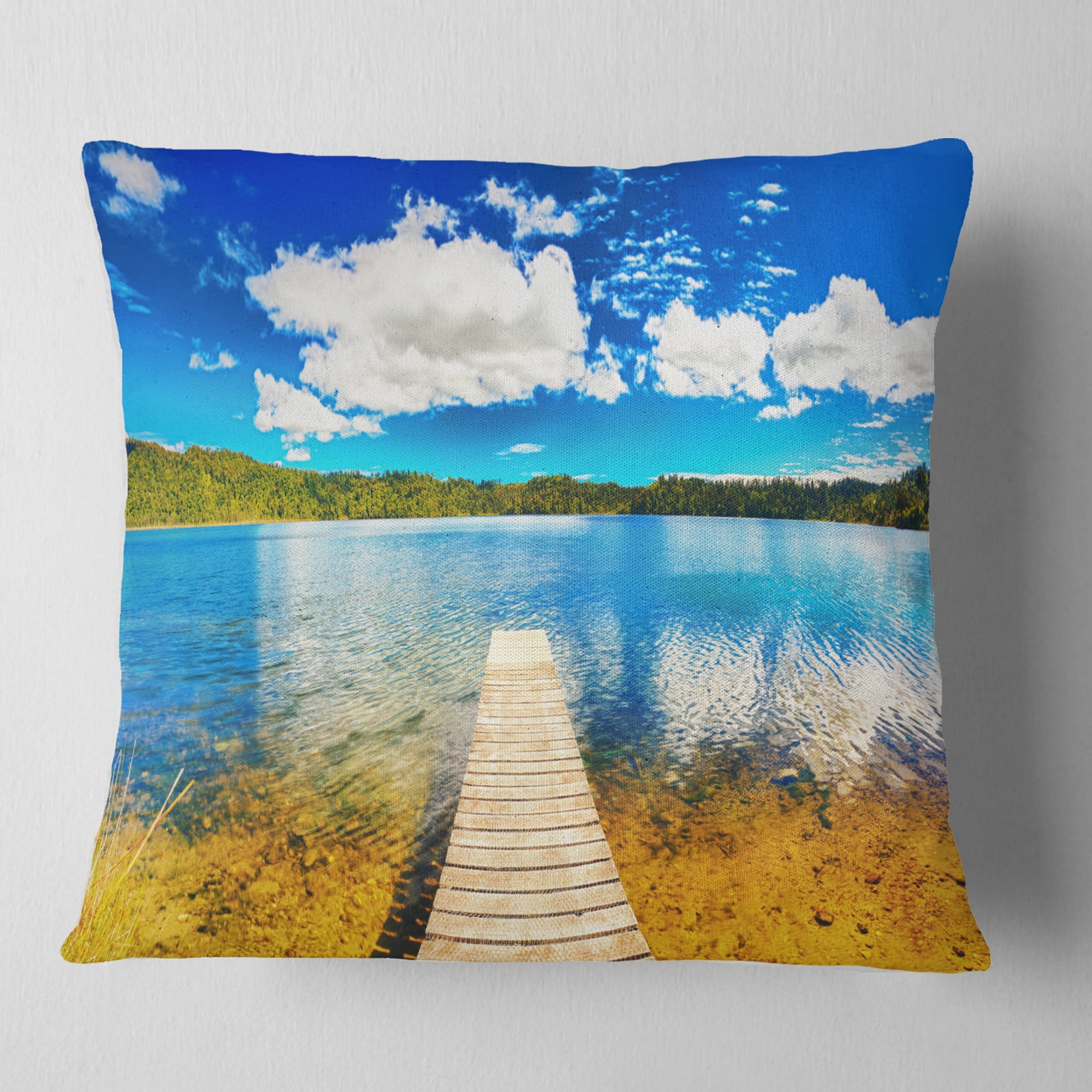 Designart Lake with Pier Panorama - Photography Throw Pillow - 16x16