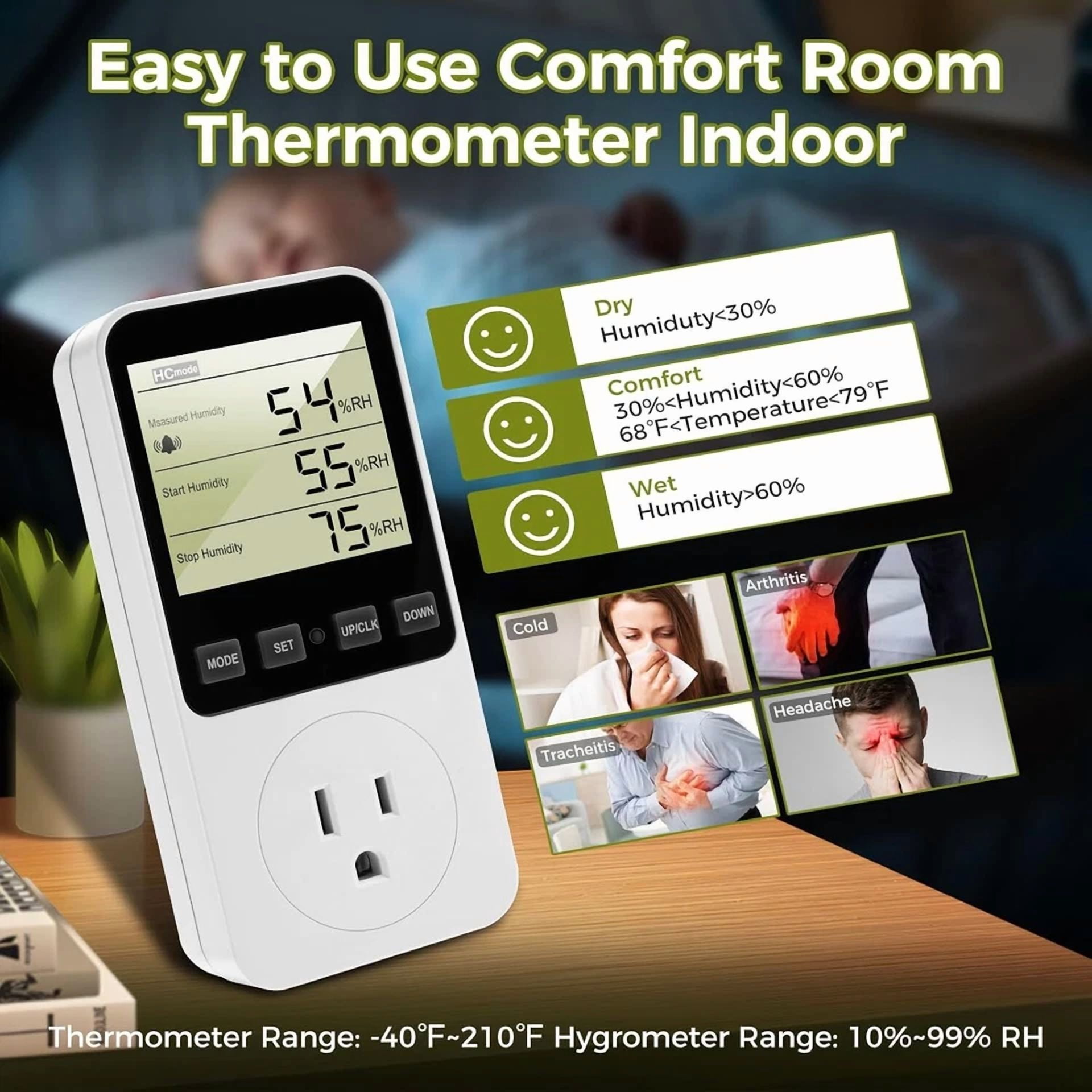 CRESTIN- Digital Thermostat Temperature Humidity Controller Outlet Plug With Alarm 120V